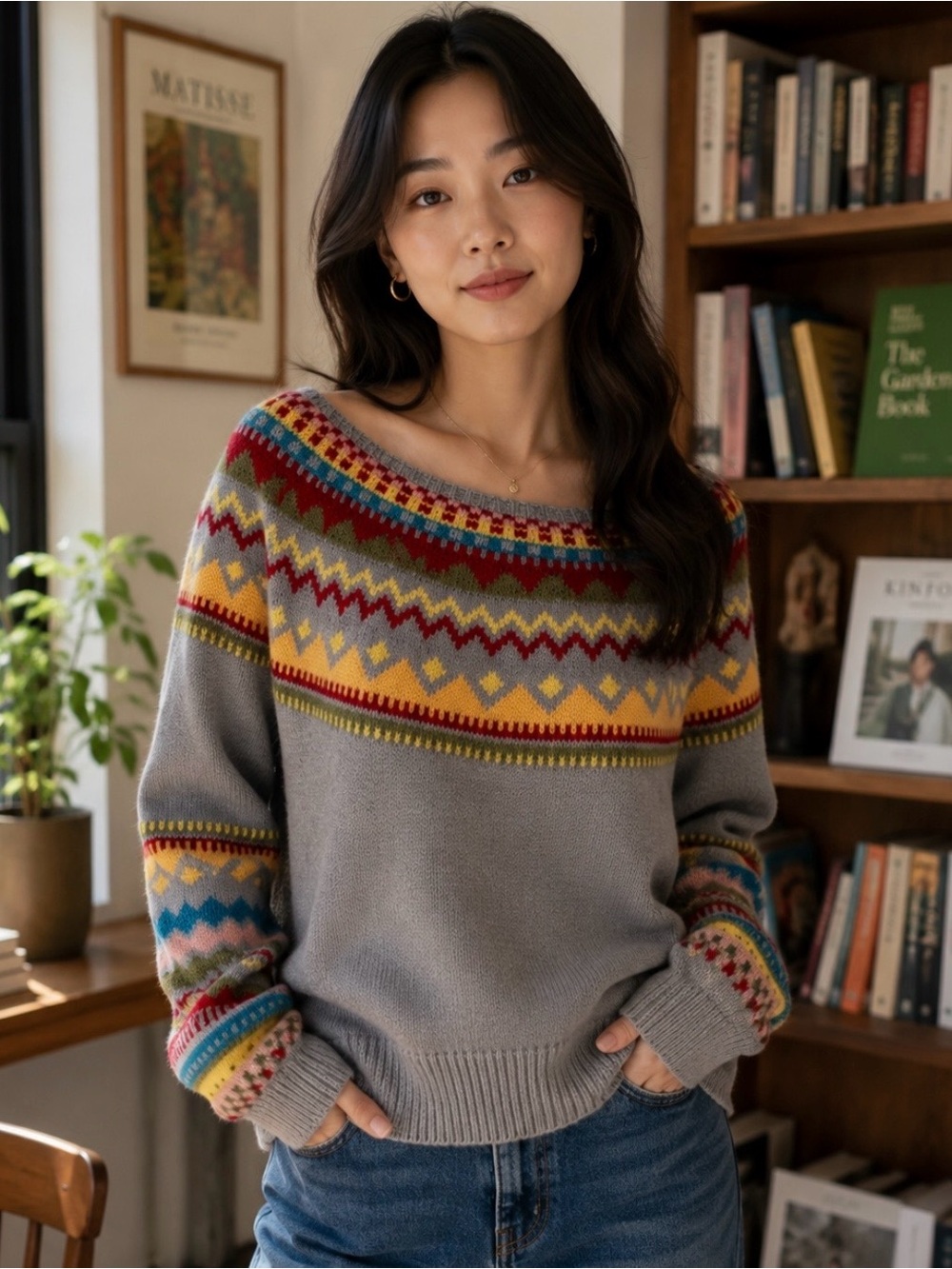 Gray Fair Isle Off-the-Shoulder Sweater with Multicolor Yoke
